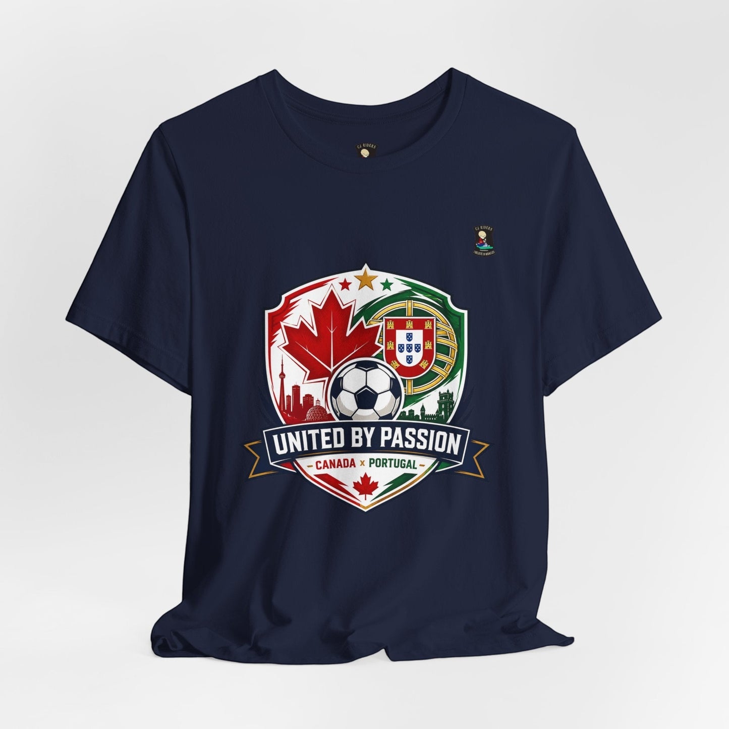 CJ Riders Foundation Store navy blue 100% cotton t-shirt with Canada & Portugal United by Passion 2026 soccer graphic.