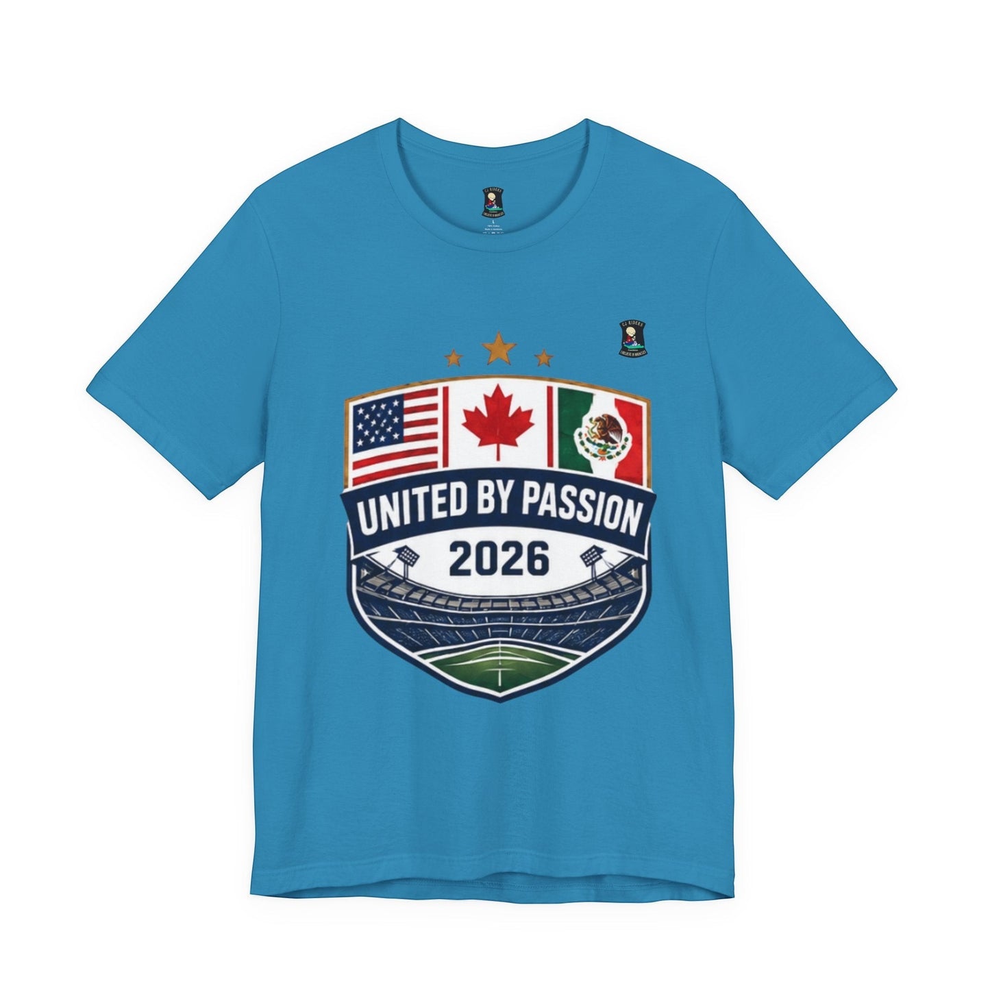 CJ Riders Foundation Store blue 100% cotton t-shirt with United by Passion 2026 shield design featuring USA, Canada, Mexico flags and stadium.