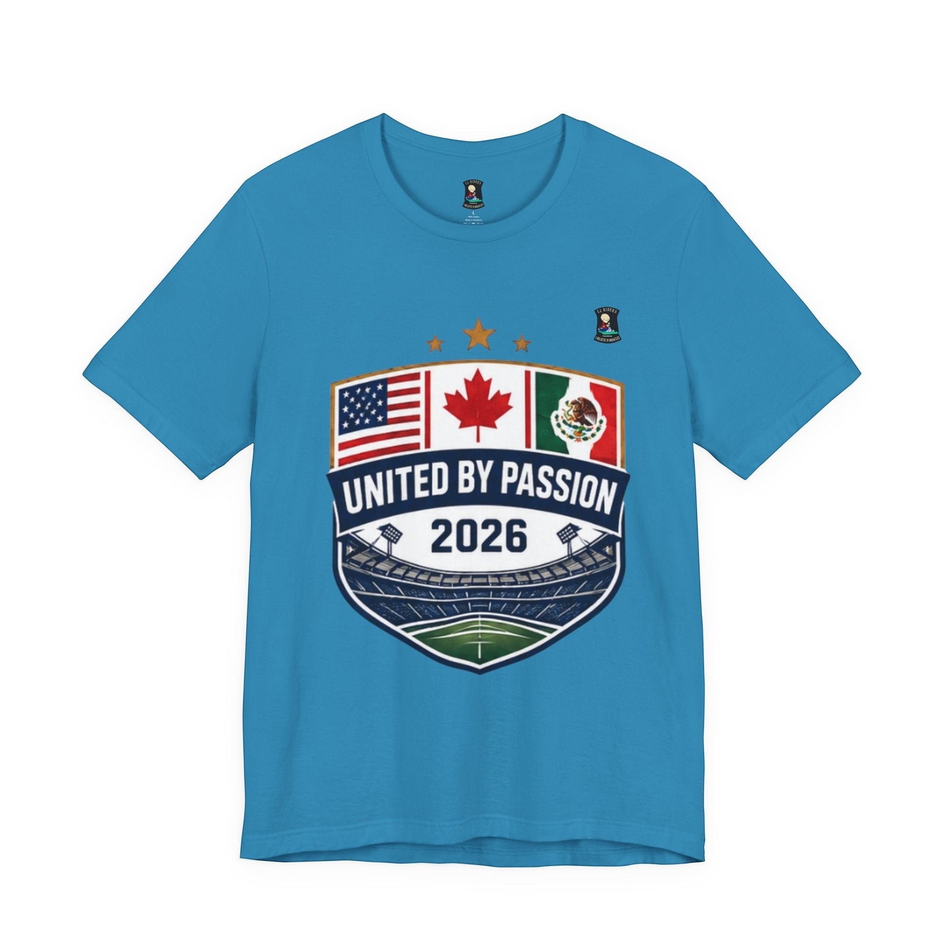 CJ Riders Foundation Store blue 100% cotton t-shirt with United by Passion 2026 shield design featuring USA, Canada, Mexico flags and stadium.