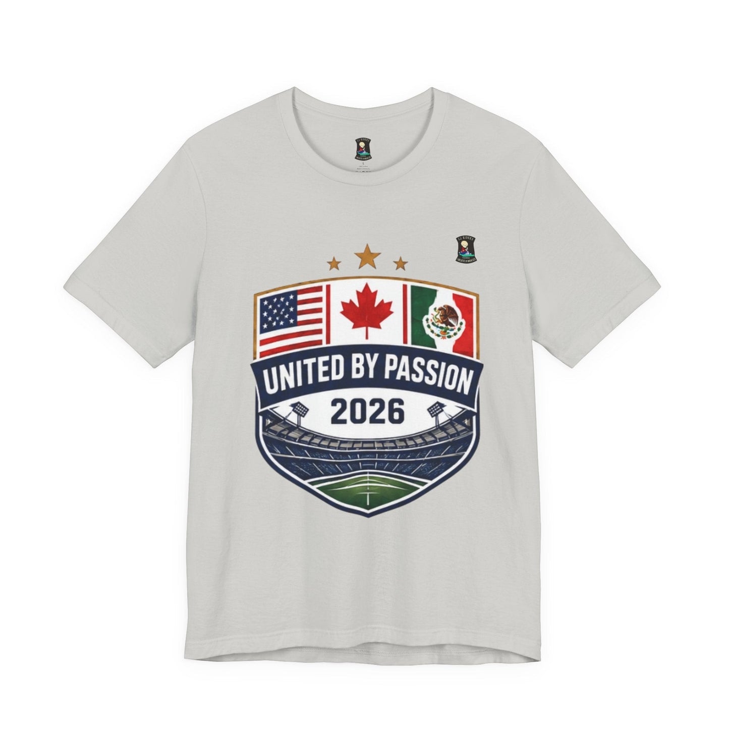 CJ Riders Foundation Store light grey 100% cotton t-shirt with a shield design featuring USA, Canada, and Mexico flags and "United by Passion 2026" text.
