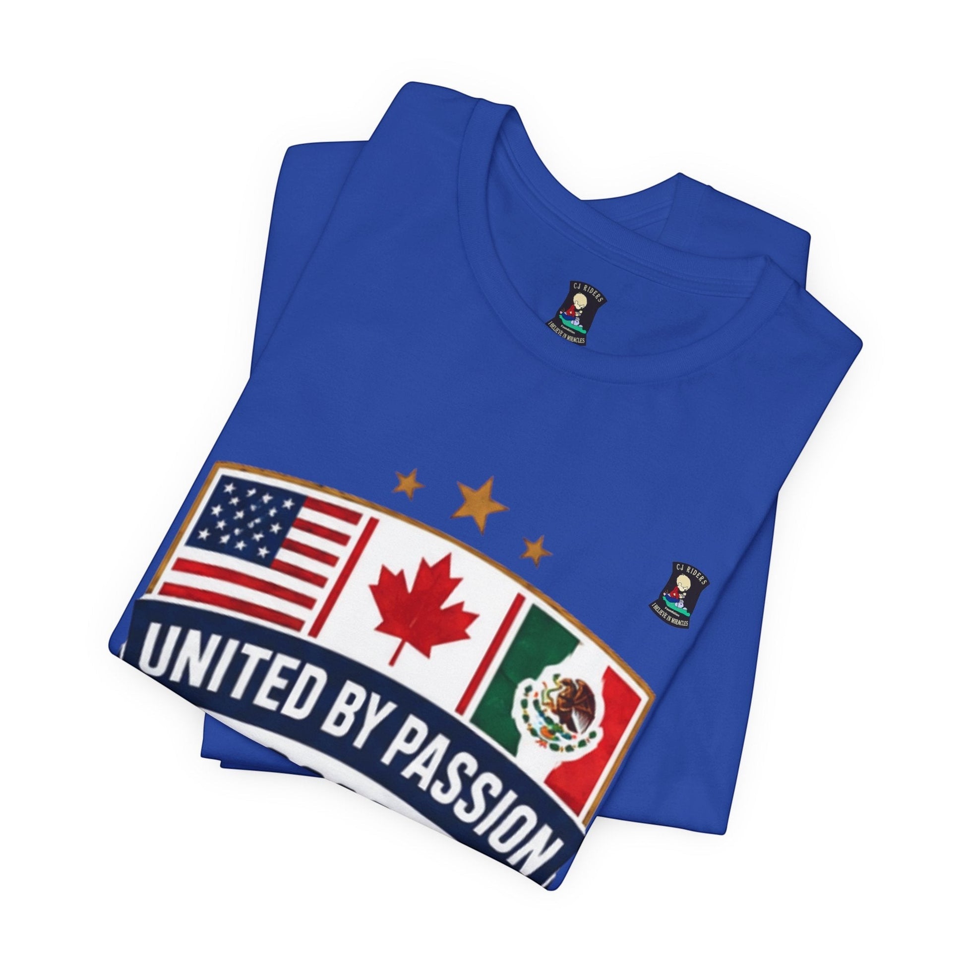CJ Riders Foundation Store blue 100% cotton t-shirt with United by Passion 2026 shield design featuring US, Canada, and Mexico flags.