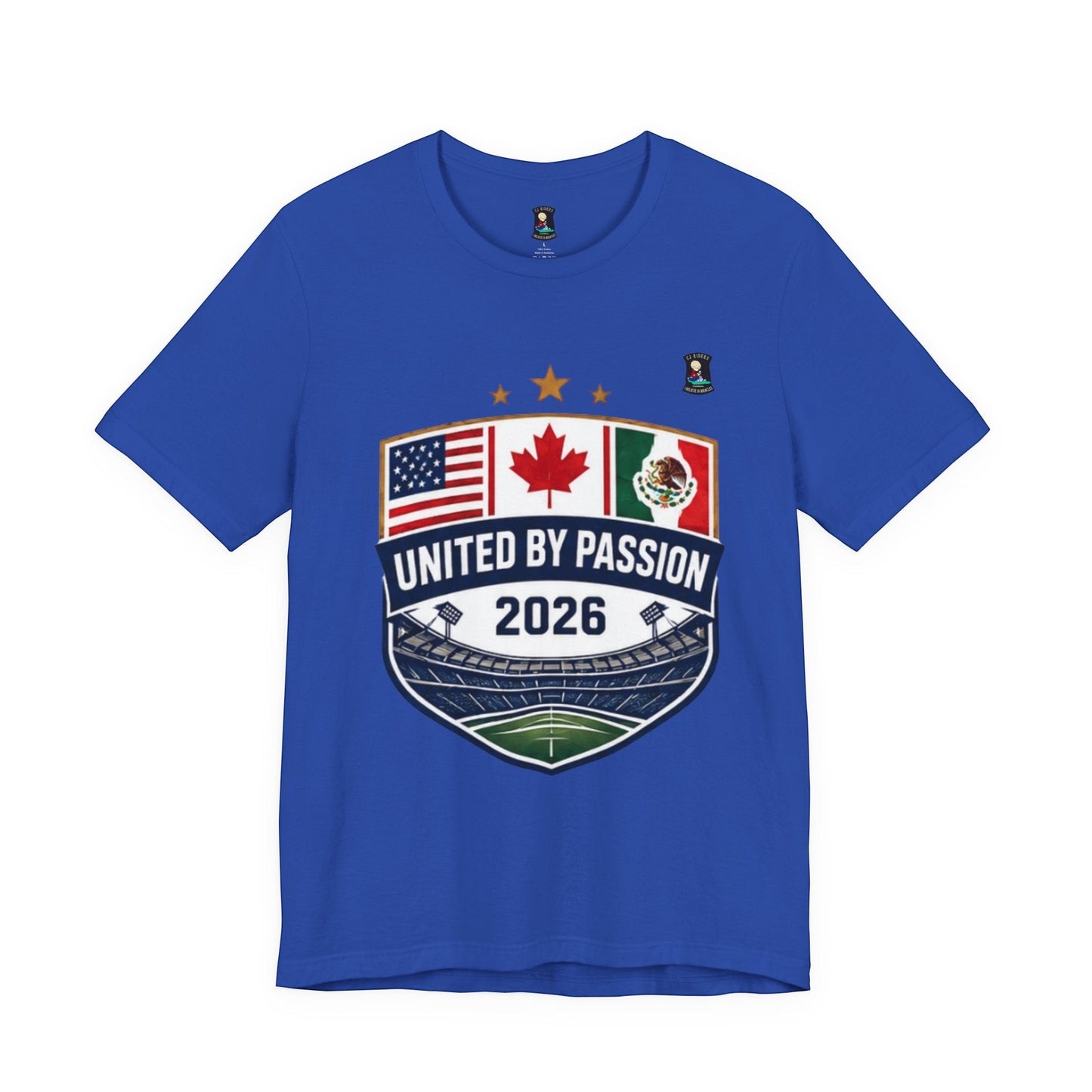 CJ Riders Foundation Store blue 100% cotton t-shirt with United by Passion 2026 shield design featuring USA, Canada, and Mexico flags.