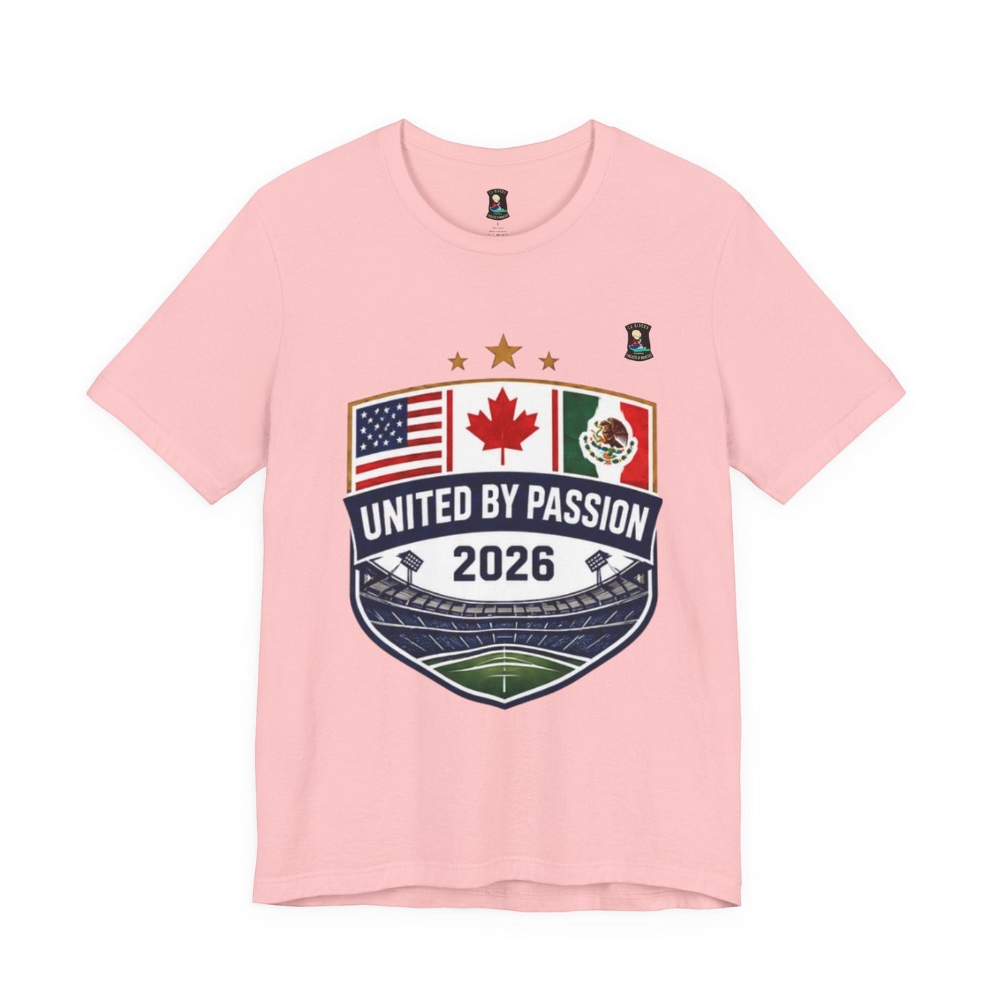 CJ Riders Foundation Store pink 100% cotton t-shirt with shield design featuring US, Canada, Mexico flags and "United by Passion 2026" text.