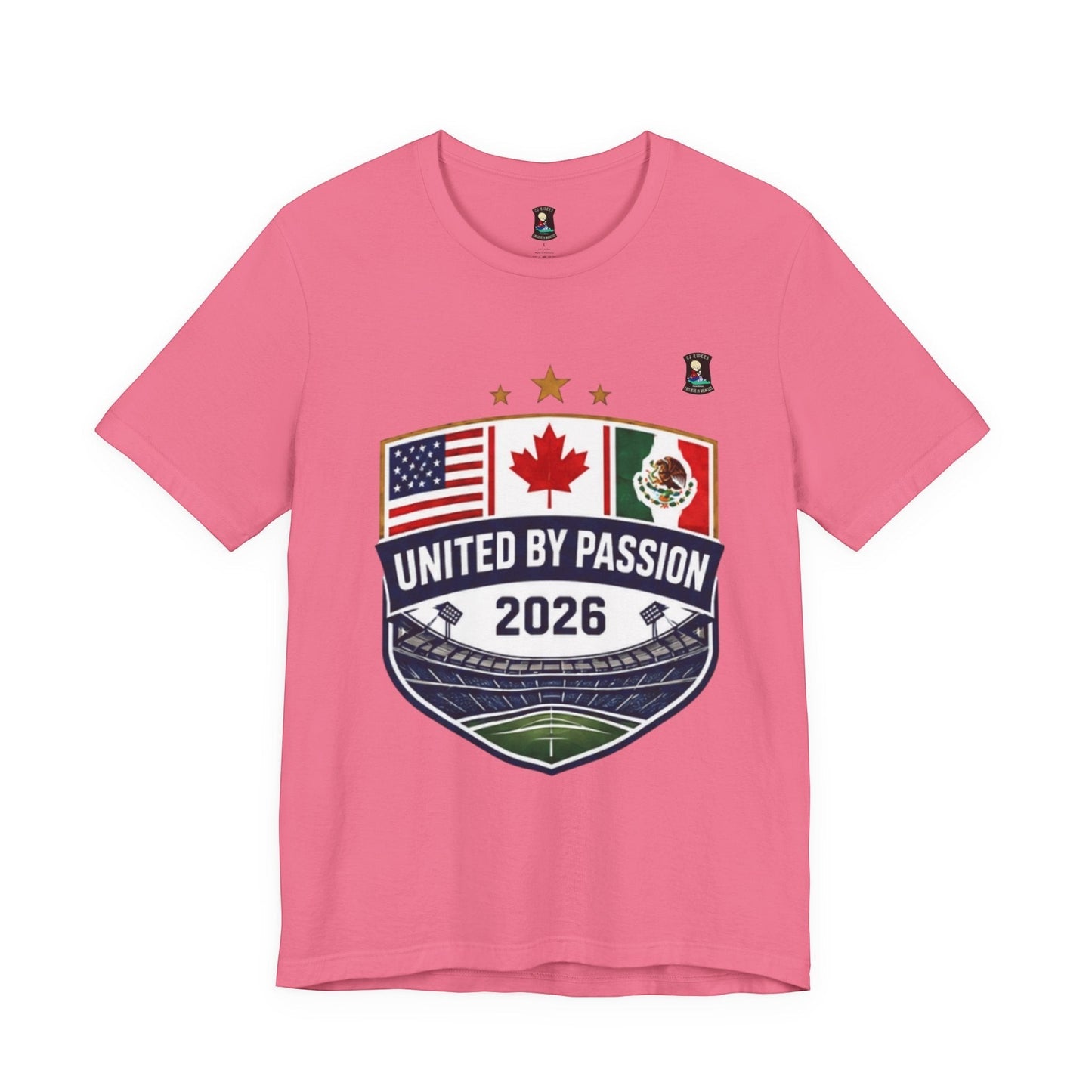 CJ Riders Foundation Store pink 100% cotton t-shirt with shield design featuring USA, Canada, Mexico flags and 'United by Passion 2026' text.