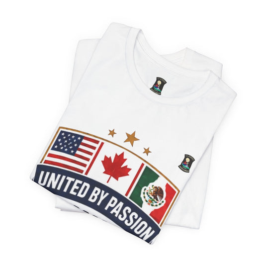 CJ Riders Foundation Store white 100% cotton t-shirt with USA, Canada, Mexico flags and "United by Passion" text.
