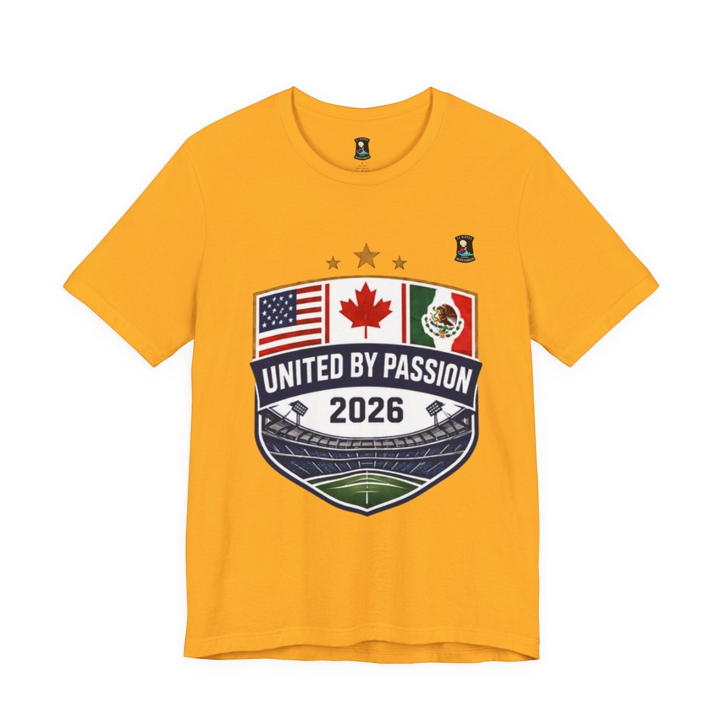 CJ Riders Foundation Store yellow 100% cotton t-shirt with shield design featuring USA, Canada, Mexico flags and "United by Passion 2026" text.