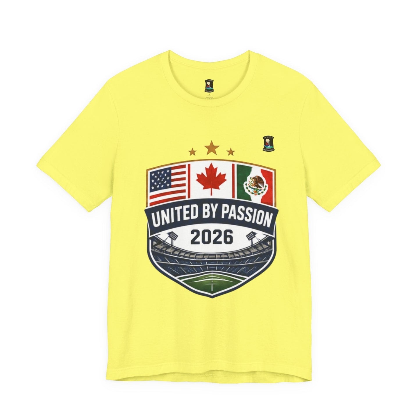 CJ Riders Foundation Store yellow 100% cotton t-shirt with United by Passion 2026 shield graphic featuring US, Canada, Mexico flags and stadium.