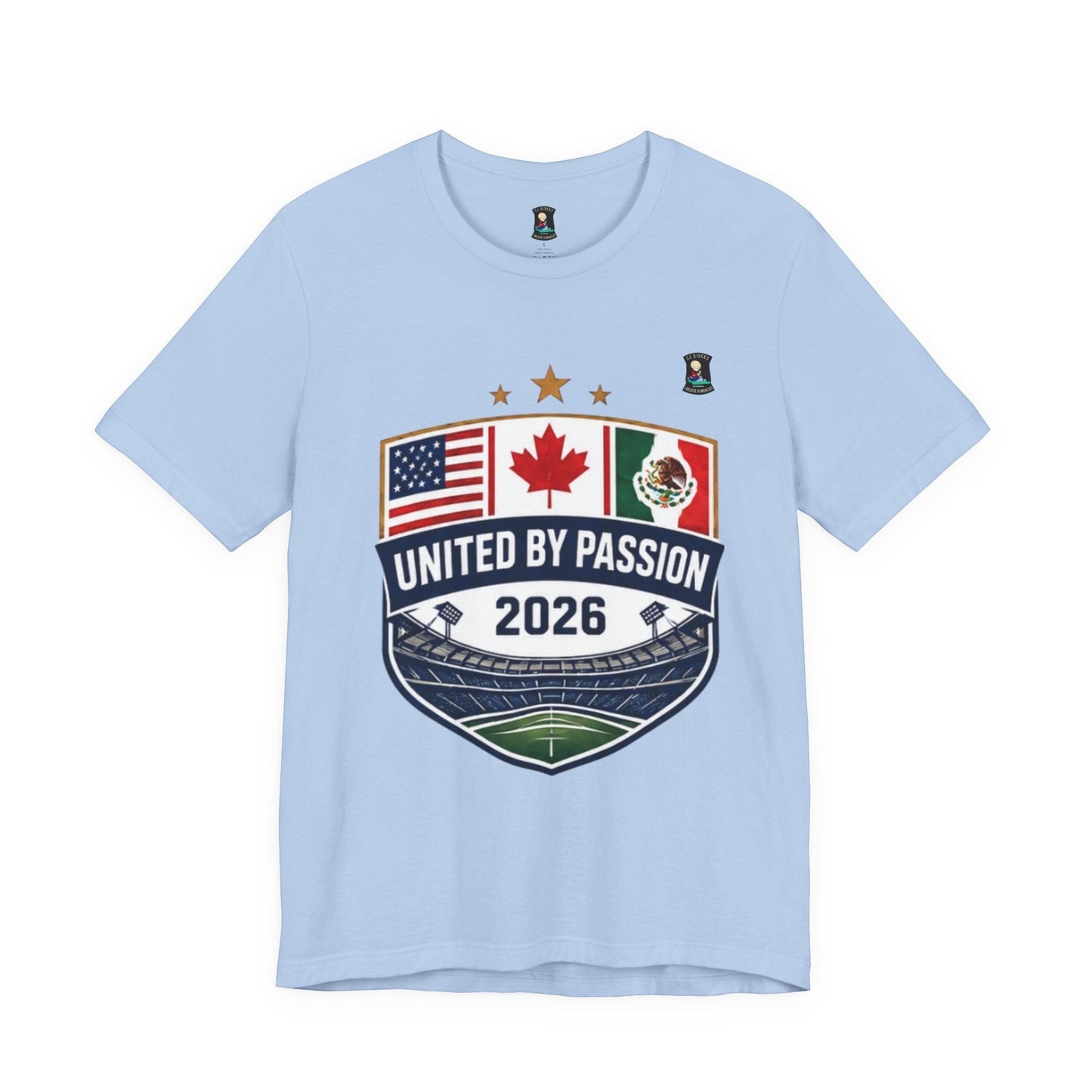 CJ Riders Foundation Store light blue 100% cotton t-shirt with United by Passion 2026 shield graphic featuring US, Canada, Mexico flags and stadium.