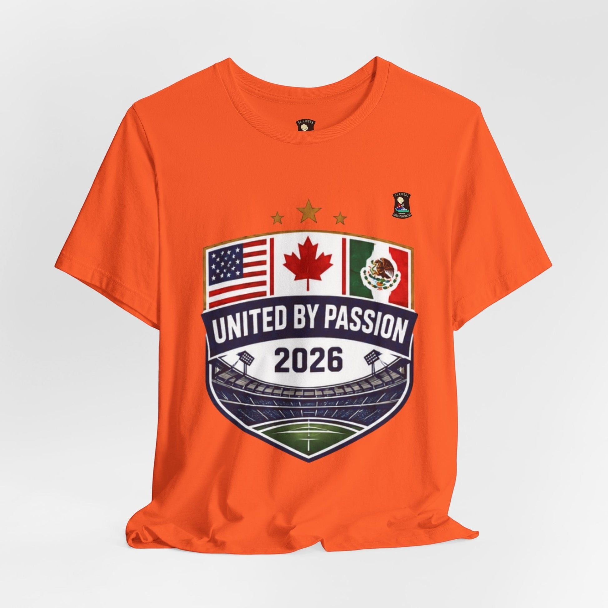 Orange 100% cotton t-shirt with a shield design featuring USA, Canada, and Mexico flags,