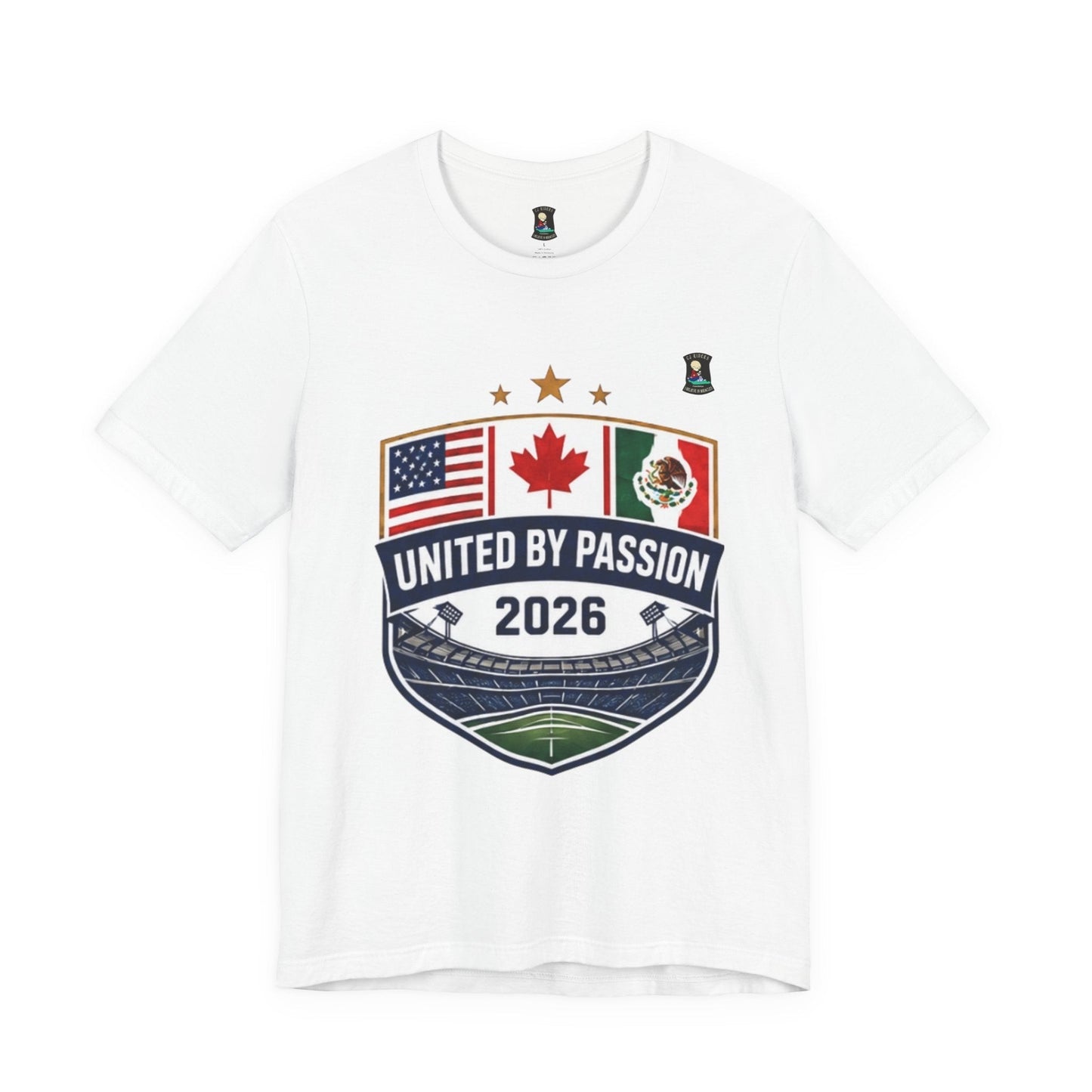 CJ Riders Foundation Store white 100% cotton t-shirt with shield design featuring USA, Canada, Mexico flags and "United by Passion 2026" text.