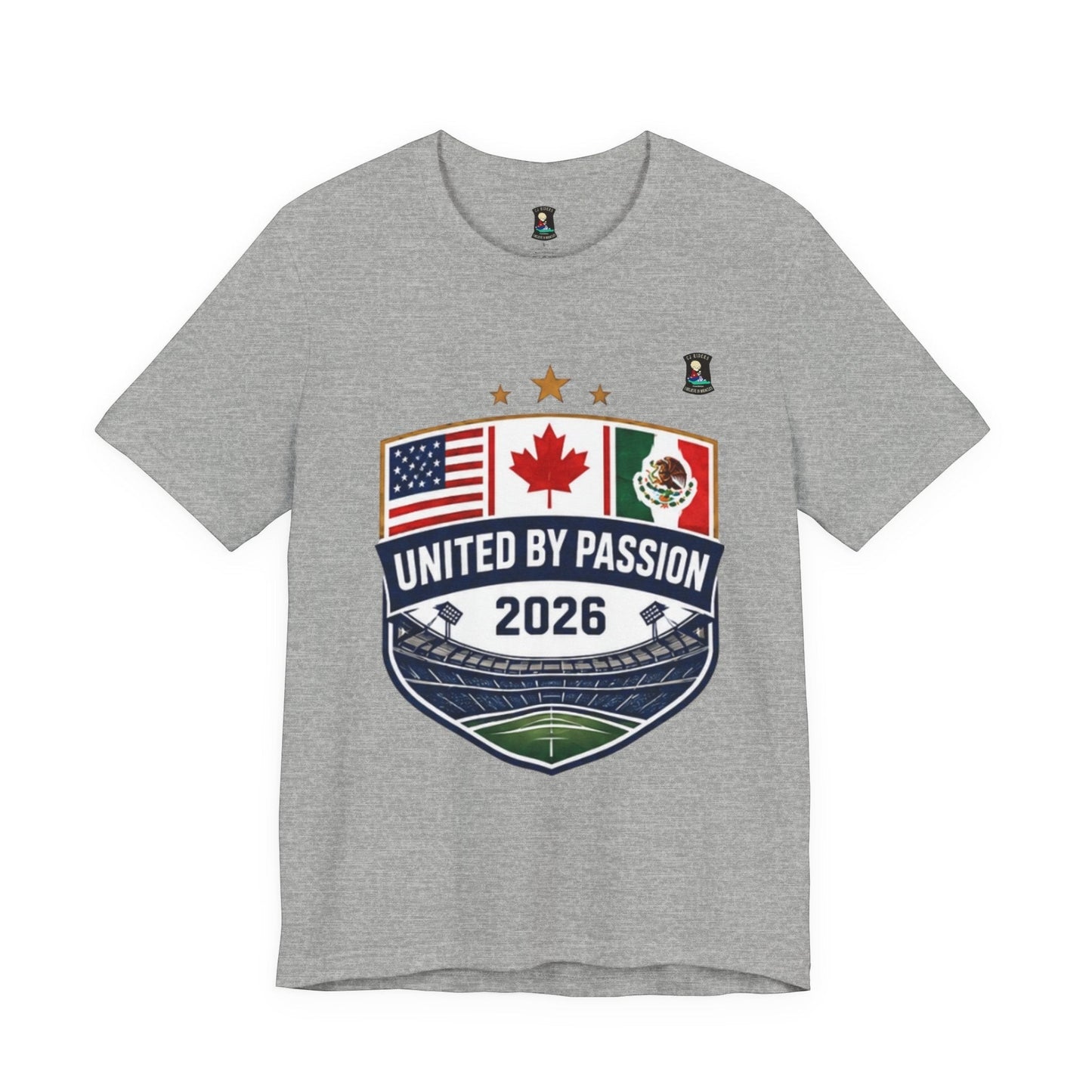 CJ Riders Foundation Store grey 100% cotton t-shirt with shield design featuring USA, Canada, Mexico flags and "United by Passion 2026" text.