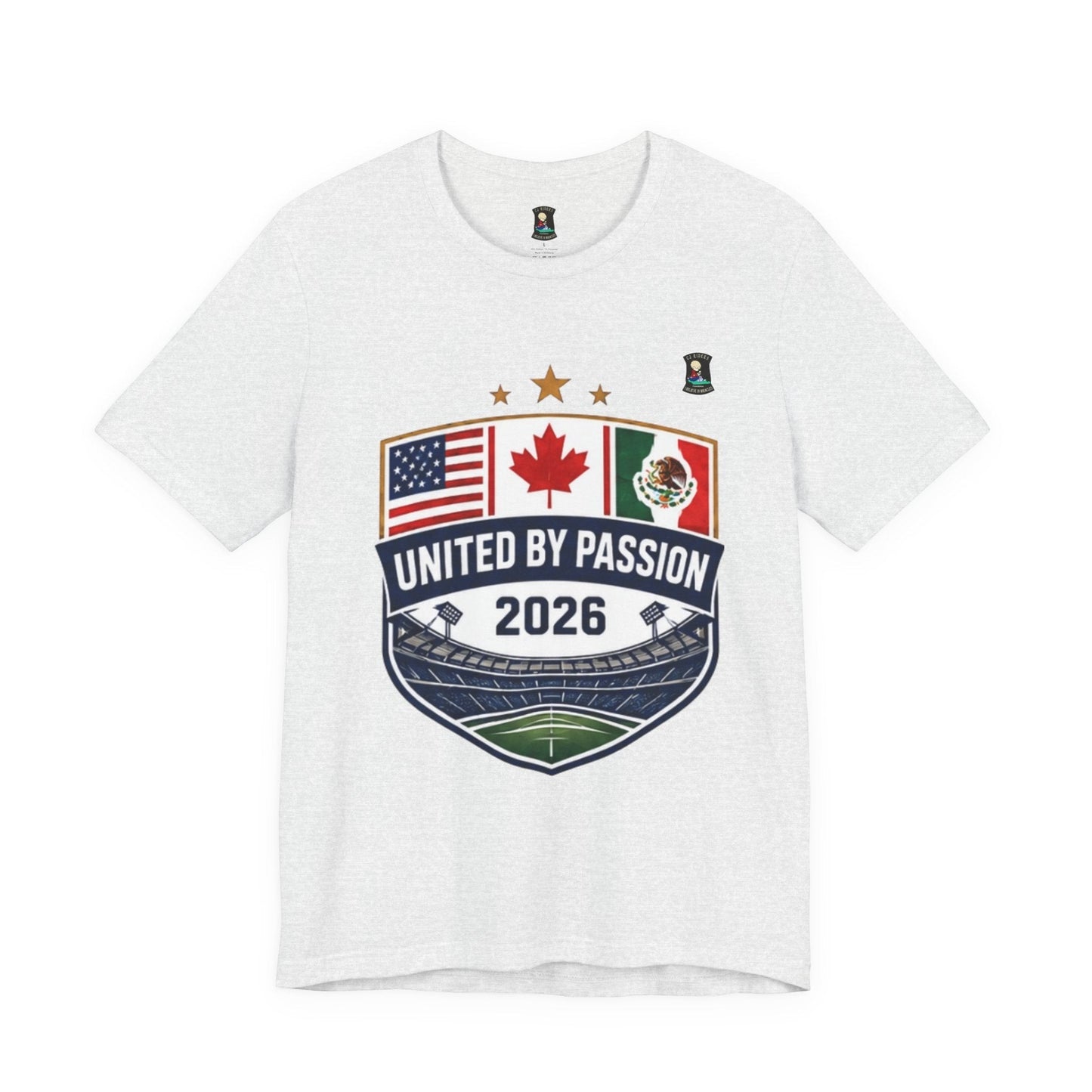CJ Riders Foundation Store white heather 100% cotton t-shirt with shield design featuring USA, Canada, Mexico flags and 'United by Passion 2026' text.