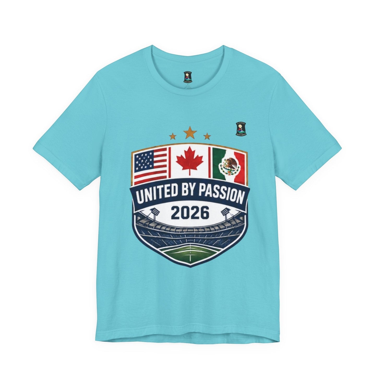 CJ Riders Foundation Store turquoise 100% cotton t-shirt with United by Passion 2026 shield design featuring US, Canada, and Mexico flags.