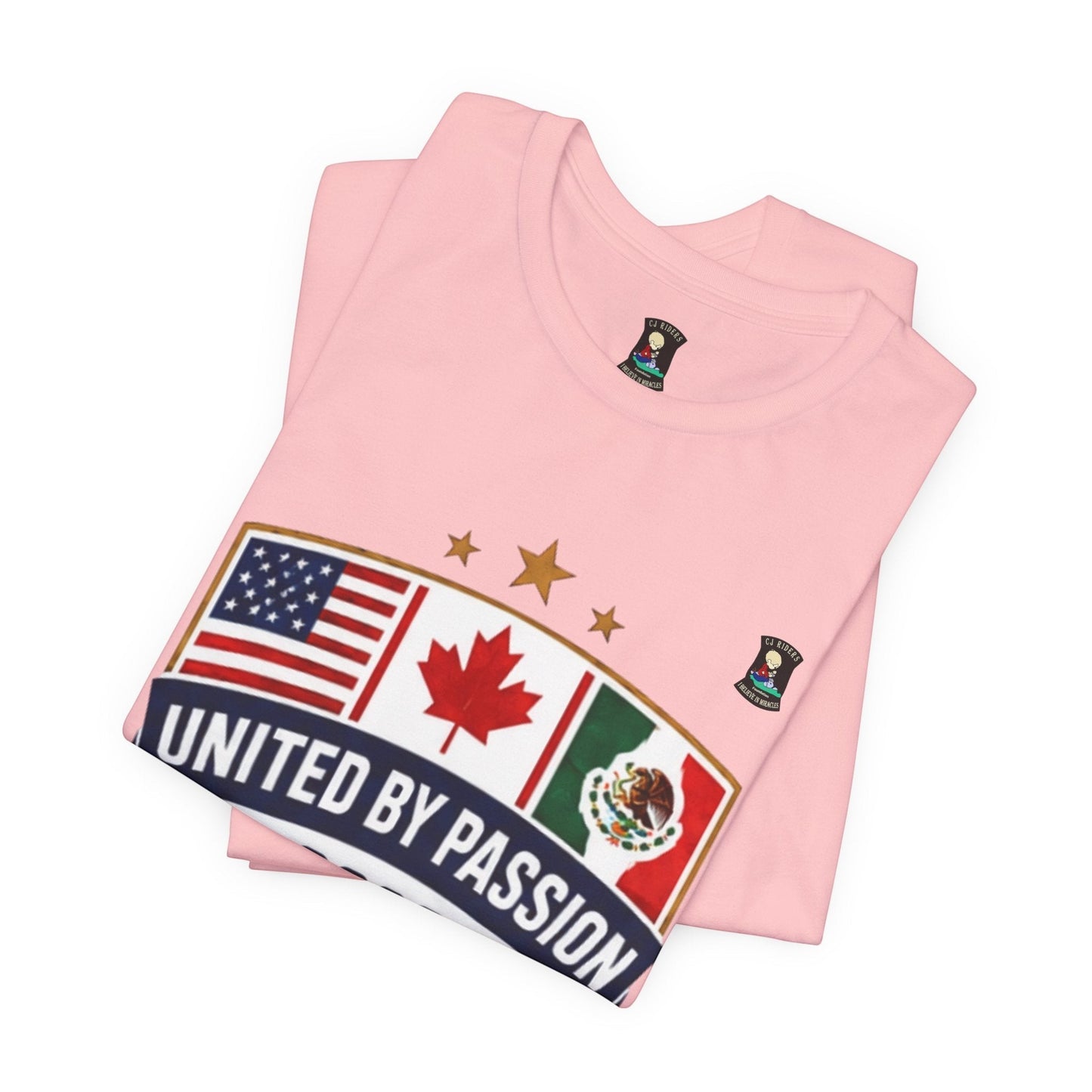 CJ Riders Foundation Store pink 100% cotton t-shirt with USA, Canada, Mexico flags and "United by Passion" text.