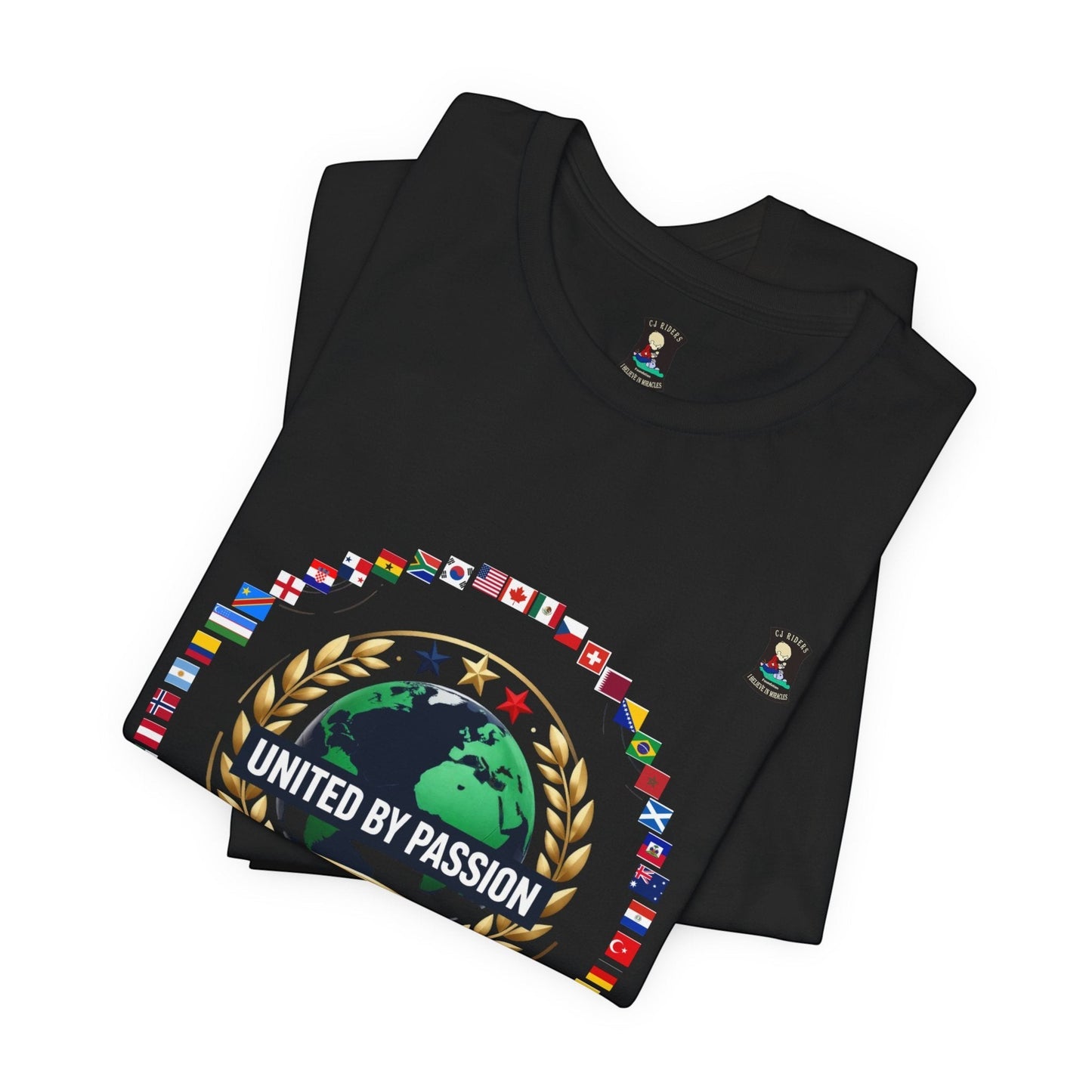 CJ Riders Foundation Store black 100% cotton t-shirt with a globe, laurel wreath, and flags graphic that says "United by Passion".