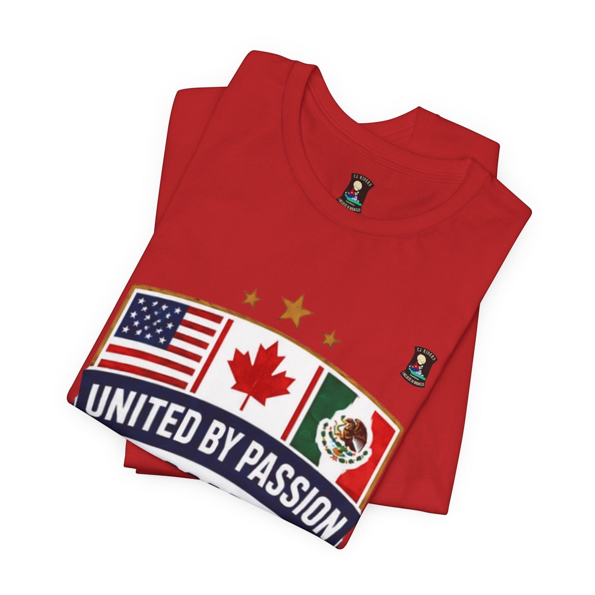 CJ Riders Foundation Store red 100% cotton t-shirt with USA, Canada, Mexico flags and "United by Passion" text.