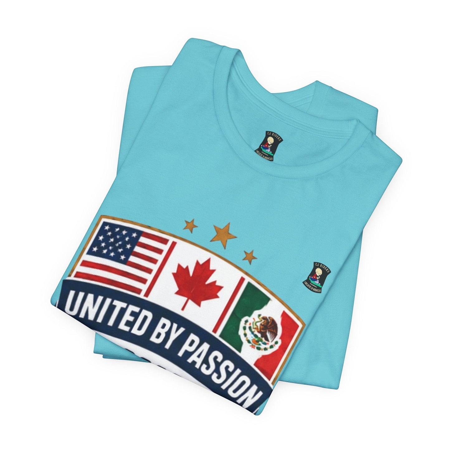 CJ Riders Foundation Store light blue 100% cotton t-shirt with shield design featuring USA, Canada, Mexico flags and "United by Passion" text.