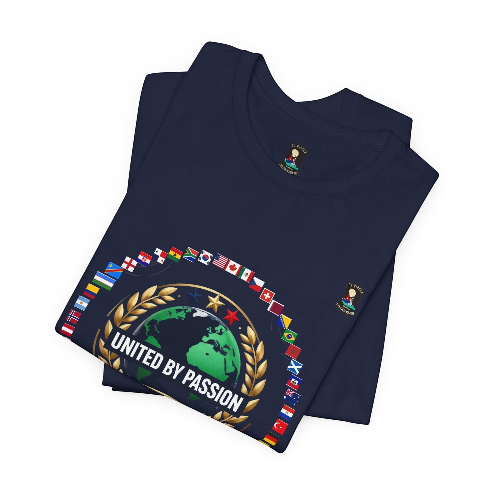 CJ Riders Foundation Store navy blue 100% cotton t-shirt with a globe, flags, and "United by Passion" graphic.