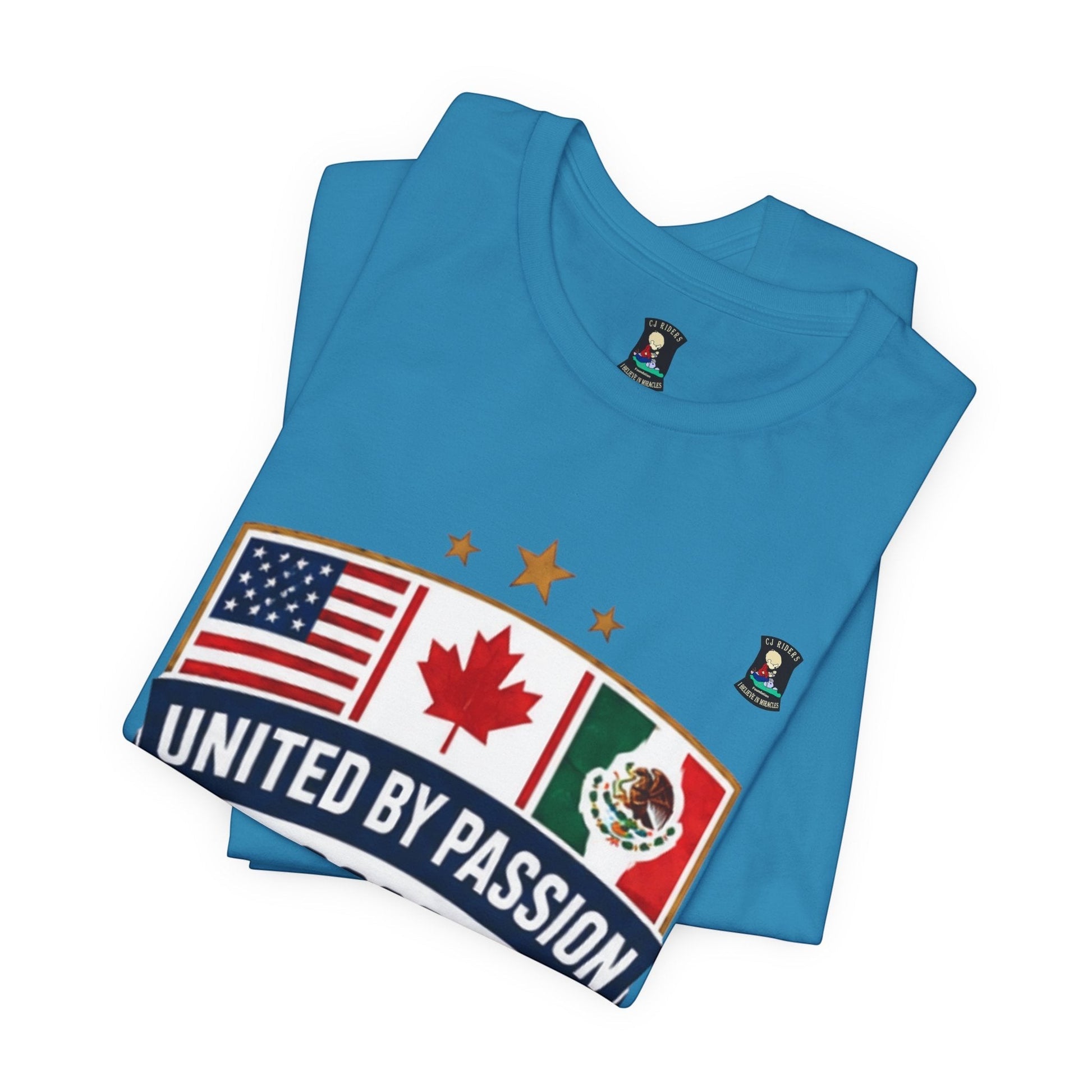 CJ Riders Foundation Store blue 100% cotton t-shirt with USA, Canada, Mexico flags and "United by Passion" text.