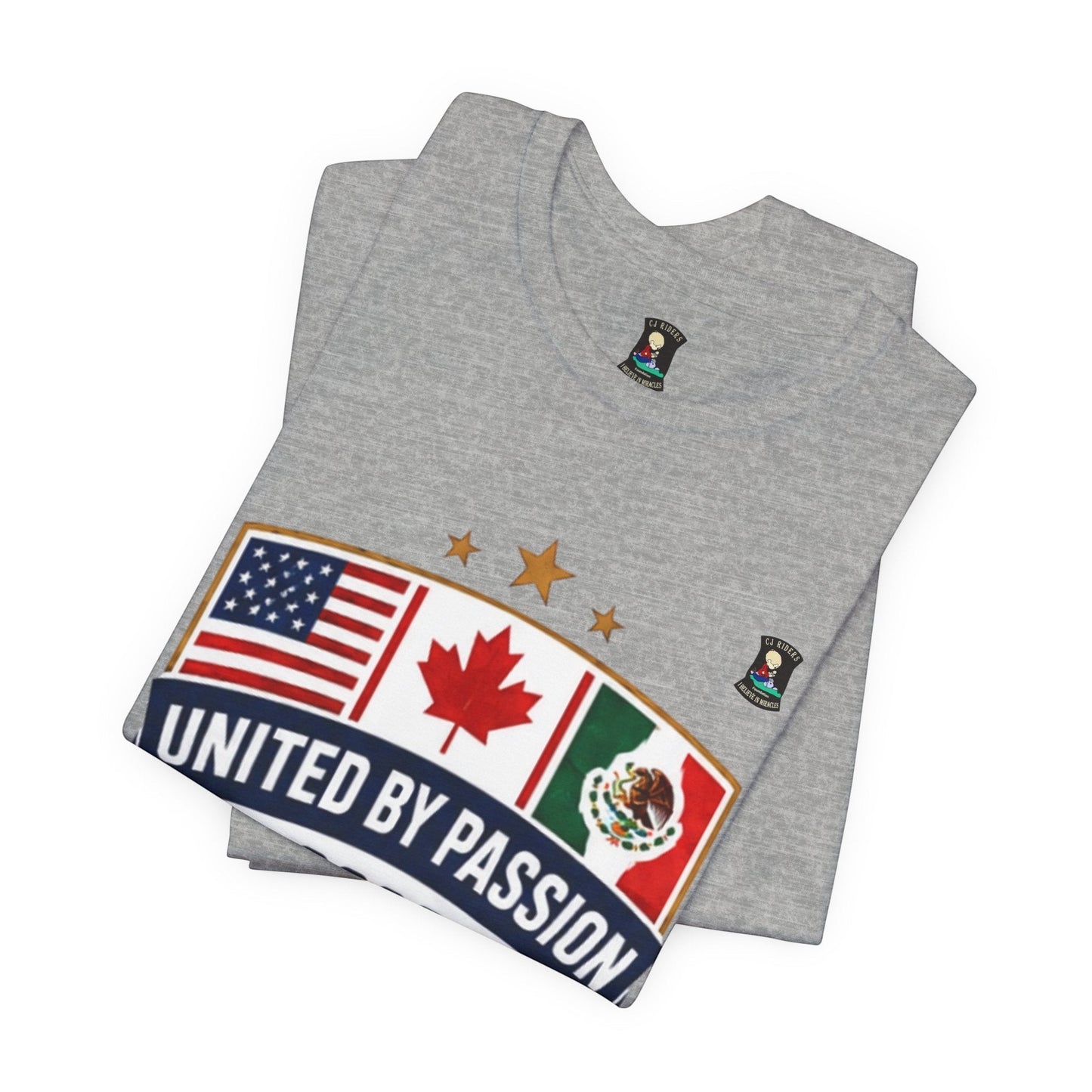 CJ Riders Foundation Store grey 100% cotton t-shirt with USA, Canada, Mexico flags and "United by Passion" text.