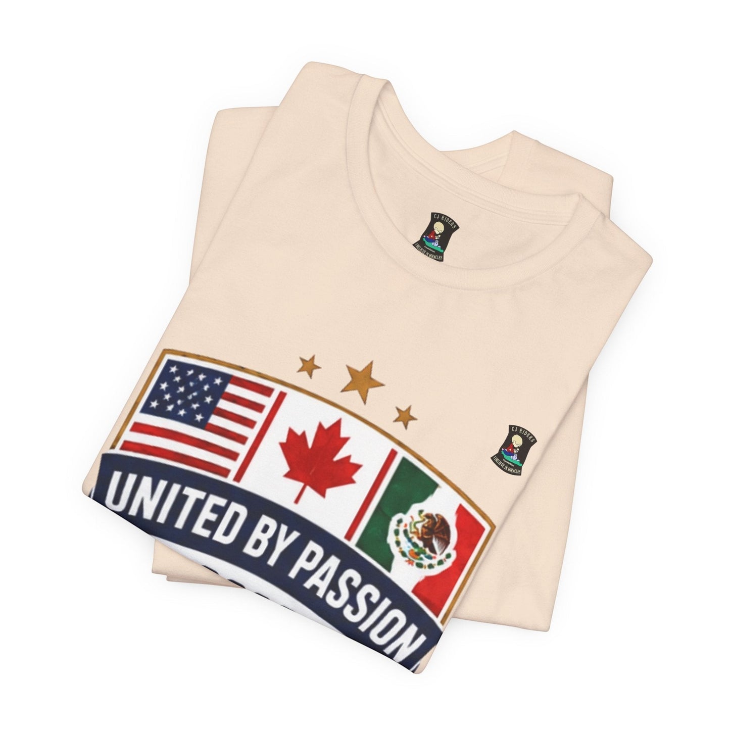 CJ Riders Foundation Store cream 100% cotton t-shirt with USA, Canada, Mexico flags and "United by Passion" text.