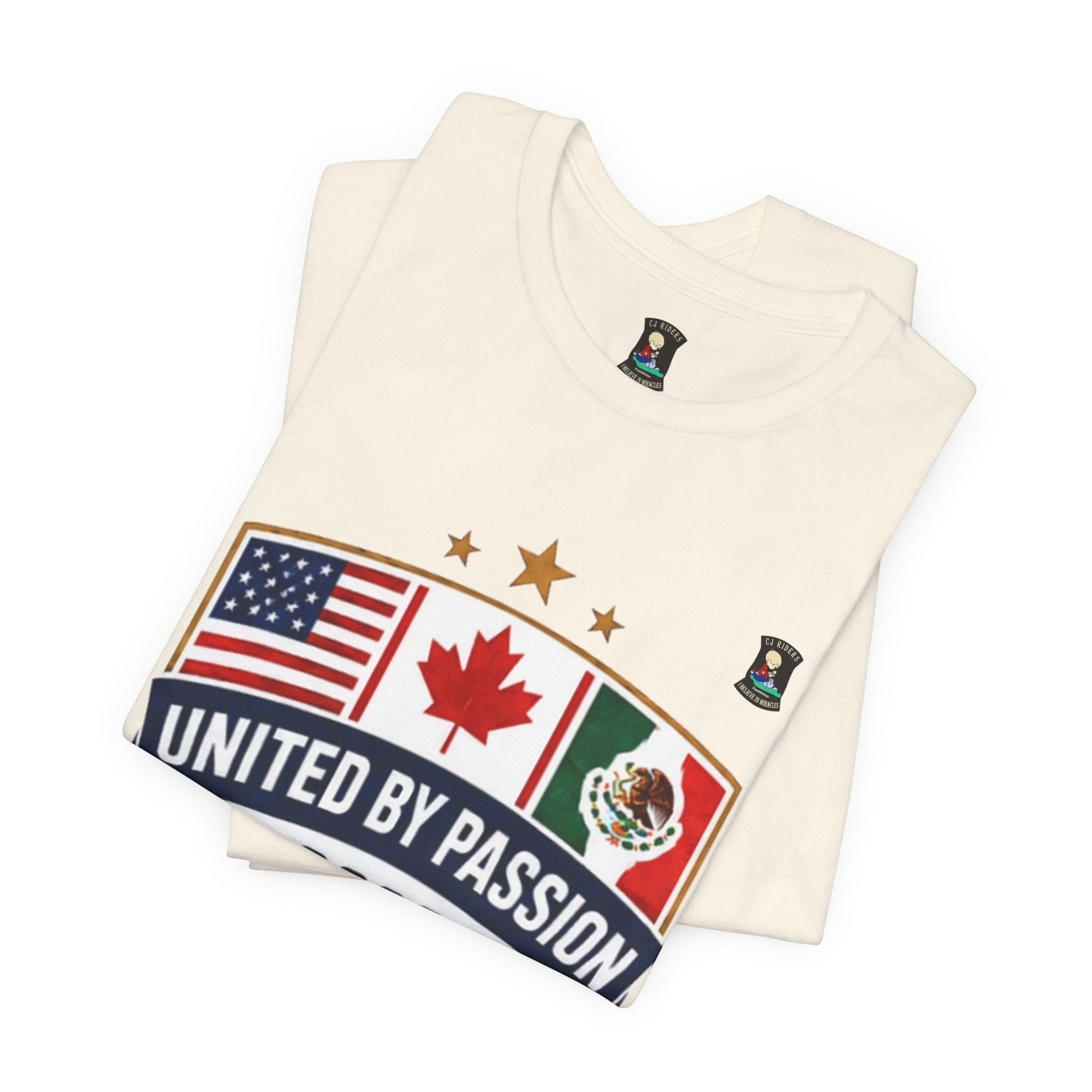 CJ Riders Foundation Store cream 100% cotton t-shirt with USA, Canada, Mexico flags and "United by Passion" text.