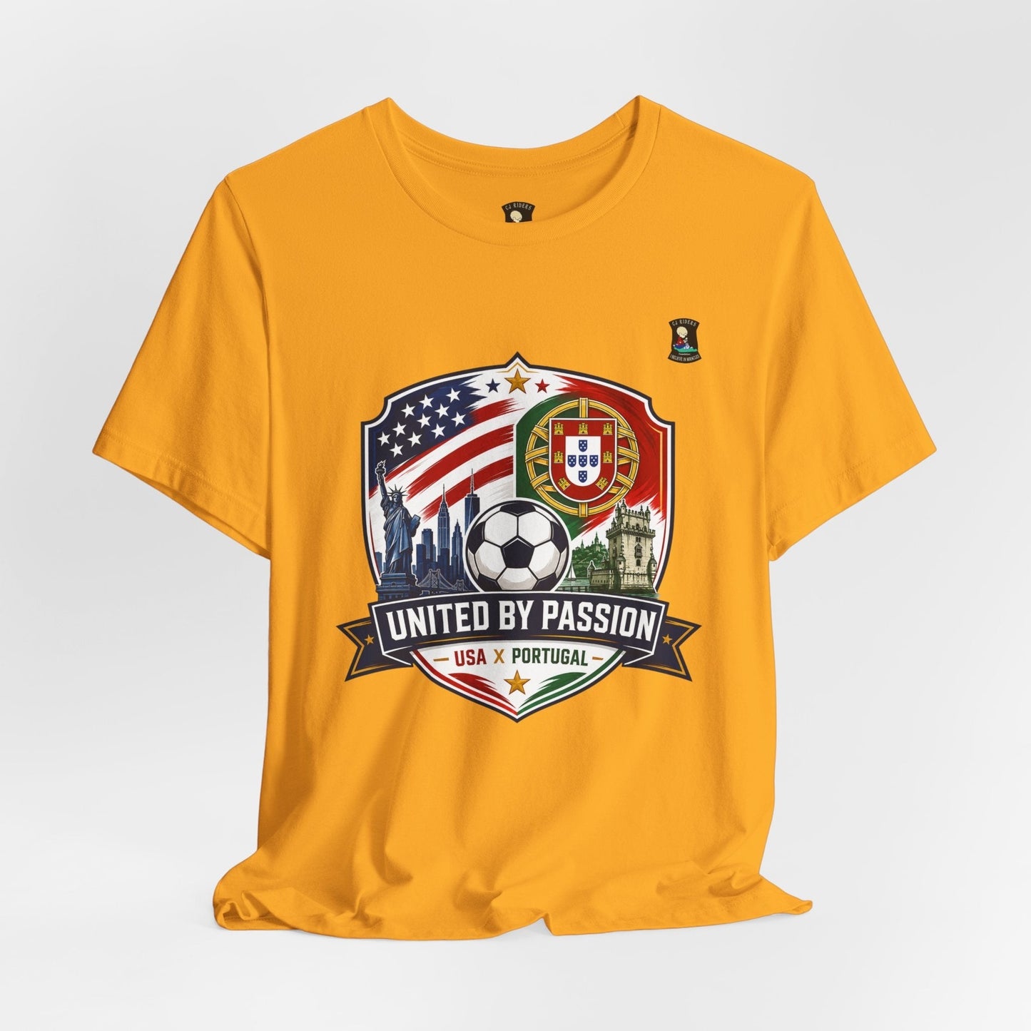 CJ Riders Foundation Store yellow 100% cotton t-shirt with USA & Portugal soccer graphic and "United by Passion" text.