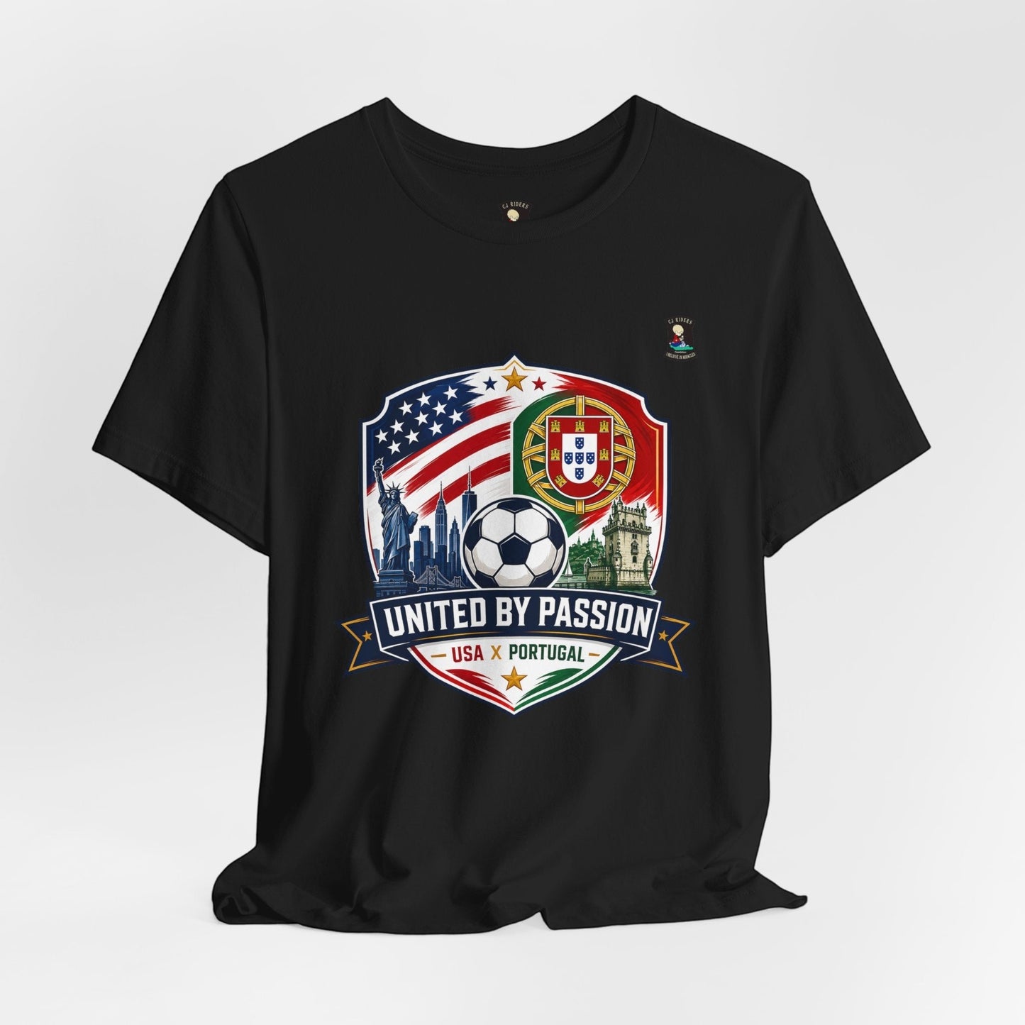 CJ Riders Foundation Store black cotton t-shirt with USA & Portugal soccer graphic and "United by Passion" text.