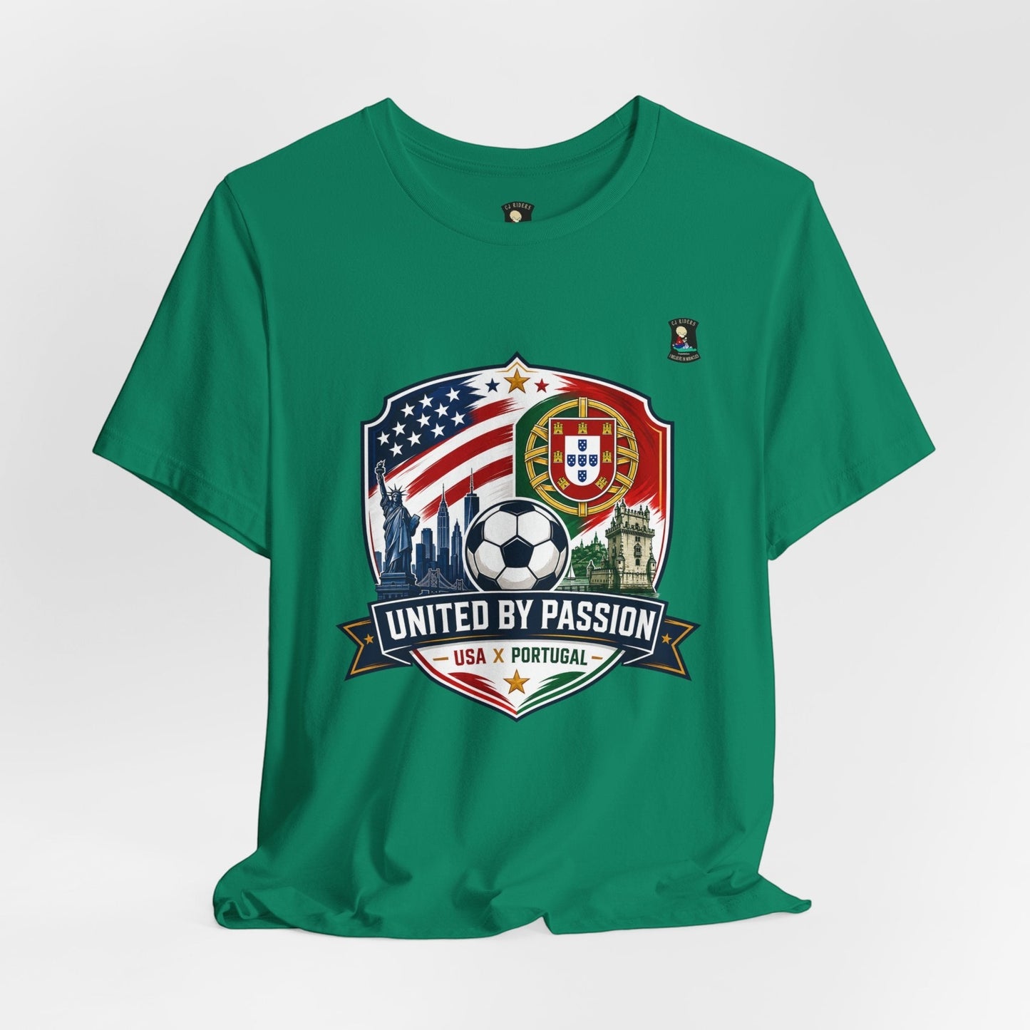 CJ Riders Foundation Store green cotton t-shirt with USA & Portugal soccer badge, Statue of Liberty, and "United by Passion" text.