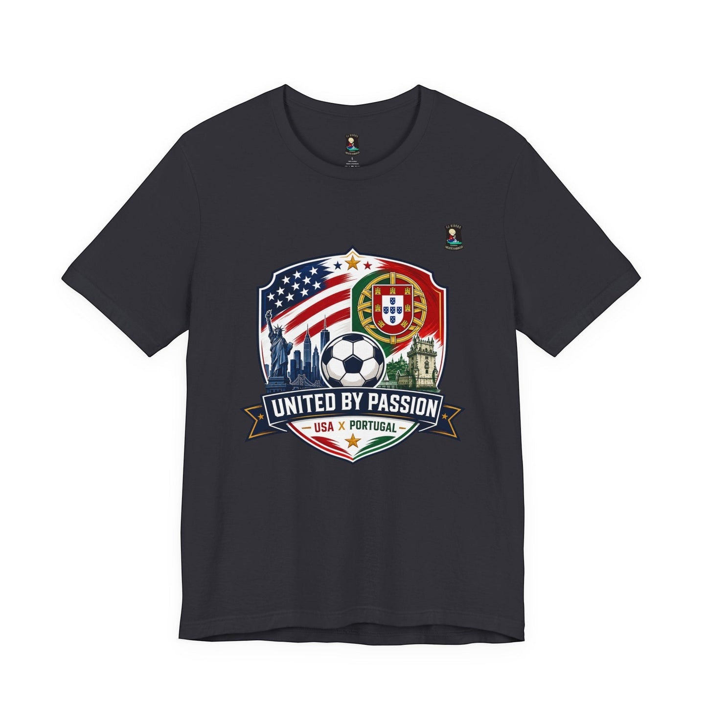 CJ Riders Foundation Store dark grey 100% cotton t-shirt with USA & Portugal soccer badge design, Statue of Liberty, skyline, and soccer ball.