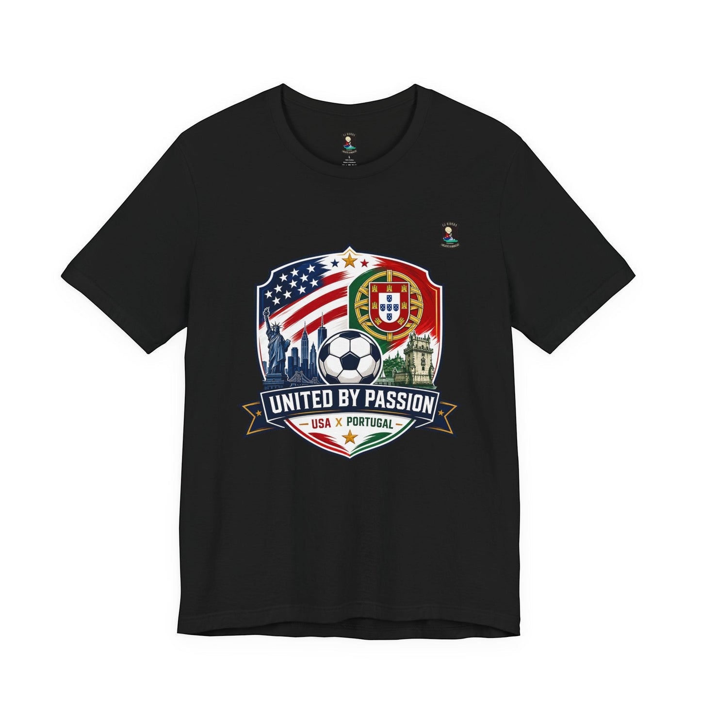 CJ Riders Foundation Store black 100% cotton t-shirt with USA & Portugal soccer graphic and "United by Passion" text.
