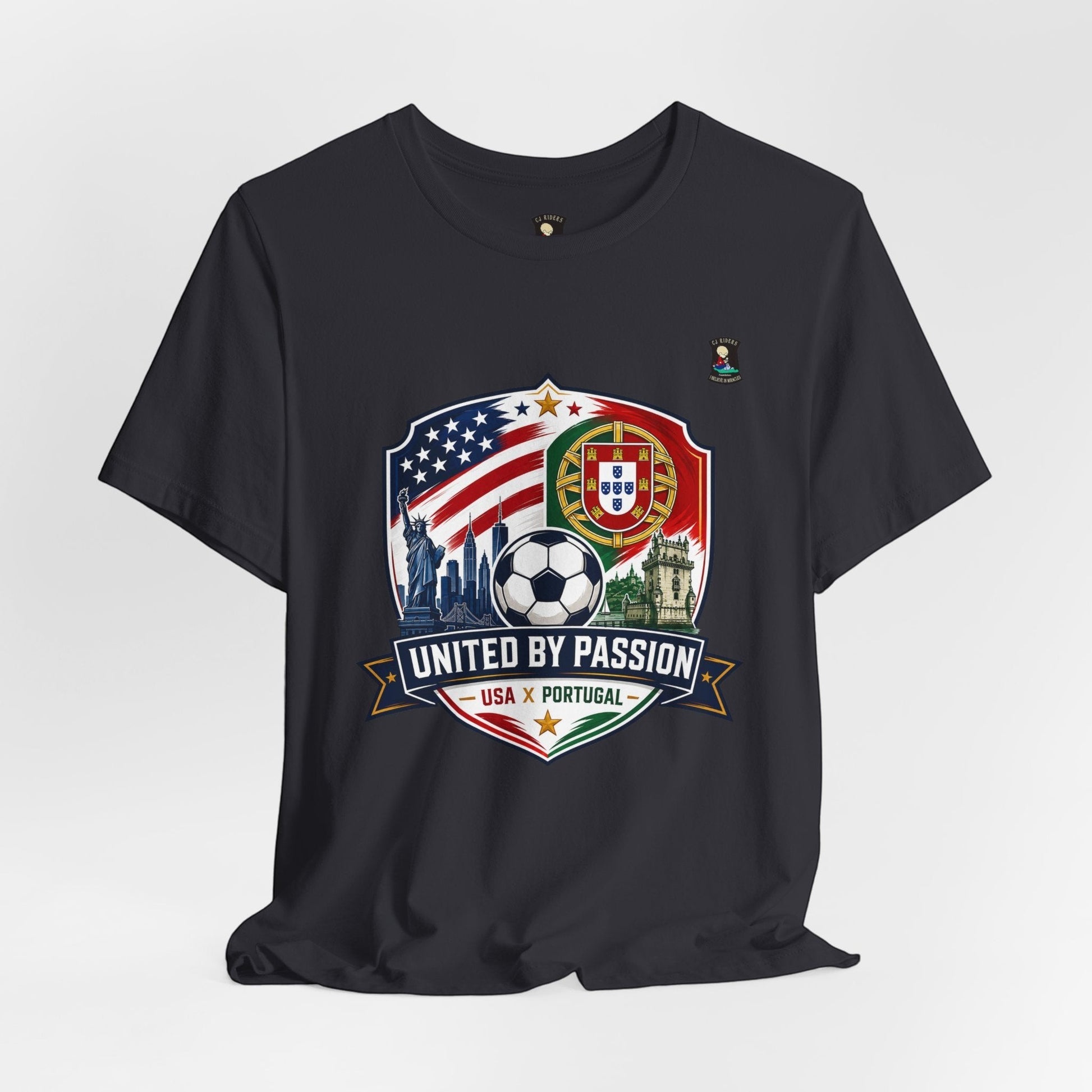 CJ Riders Foundation Store dark blue 100% cotton t-shirt with USA & Portugal soccer graphic and "United by Passion" text.