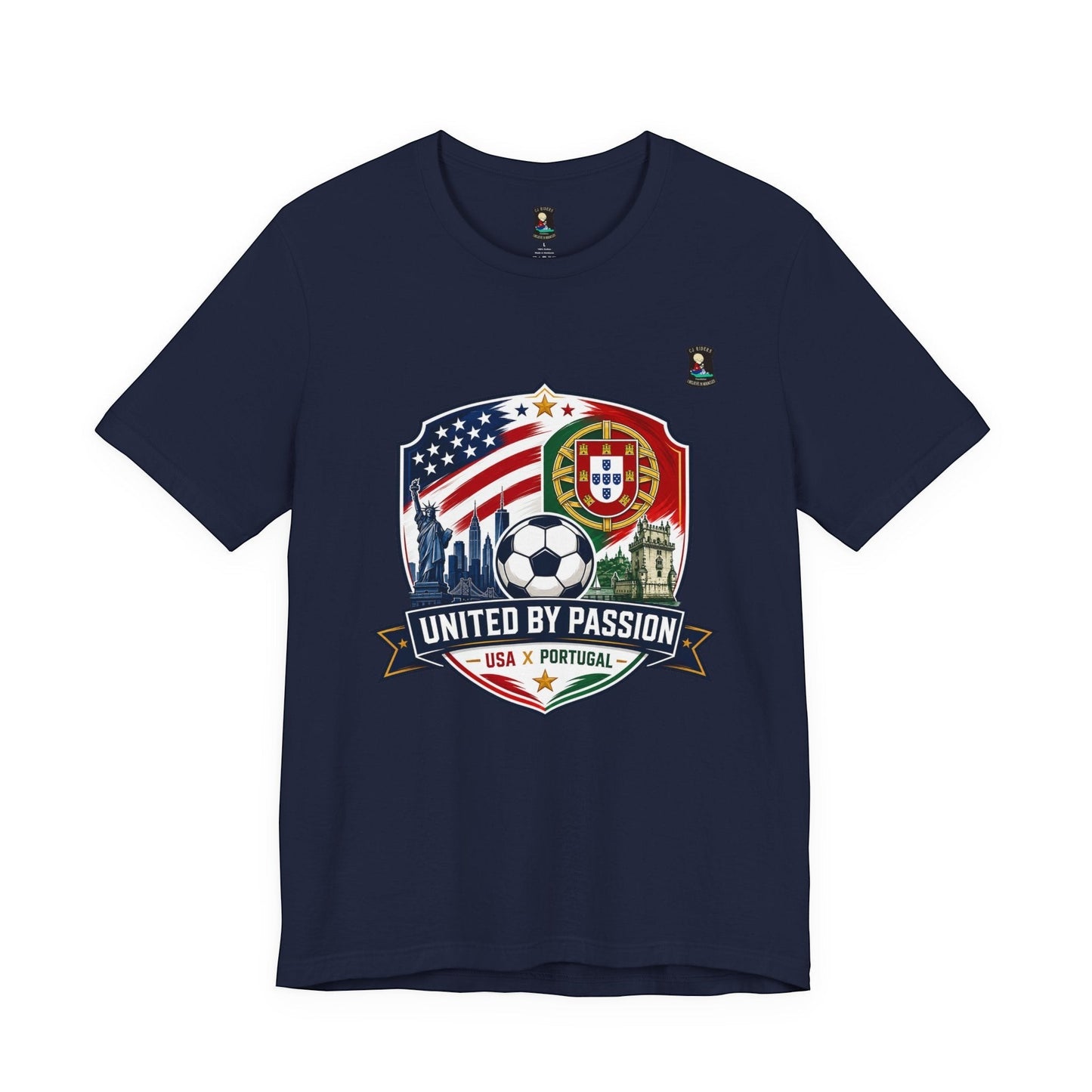 CJ Riders Foundation Store navy blue 100% cotton t-shirt with USA & Portugal United by Passion soccer badge design.