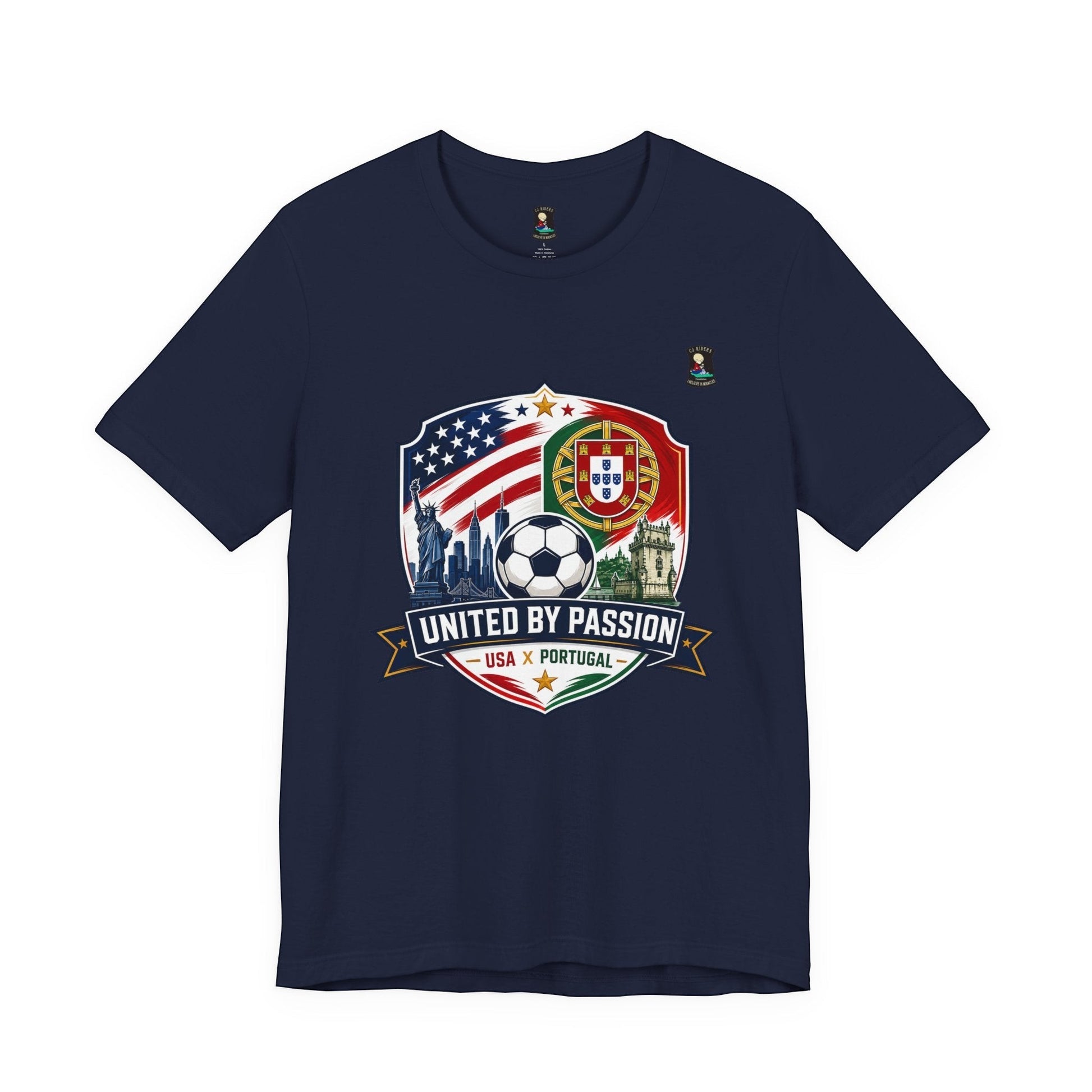 CJ Riders Foundation Store navy blue 100% cotton t-shirt with USA & Portugal United by Passion soccer badge design.